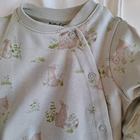2 Pcs Footed Rompers Bunny - White/Soft Green - 100% Organic Cotton - 0-9M