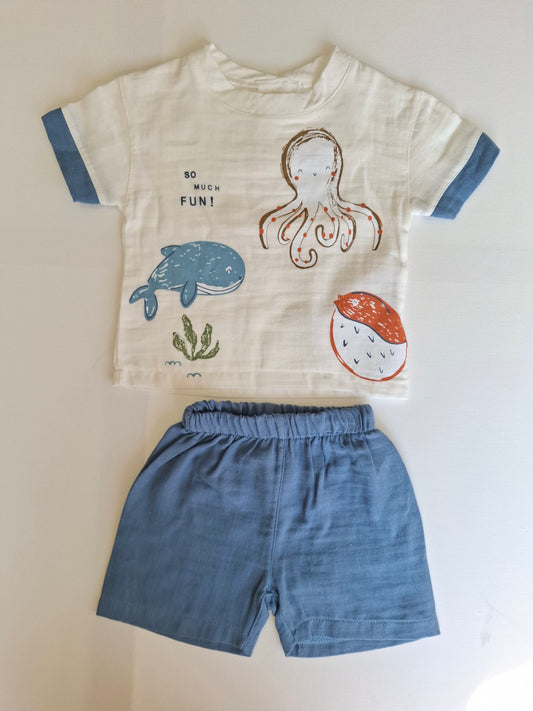 Underwater Muslin Shorts & Tshirt Set - 6-24M