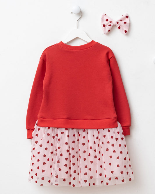 Dress Tulle with Heart Print & Hair Clip - Red - 3-7Y