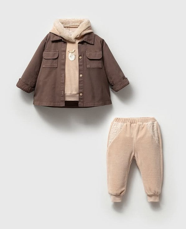 3 PCS Hooded Set - Brown/Light Brown - 9M-3Y
