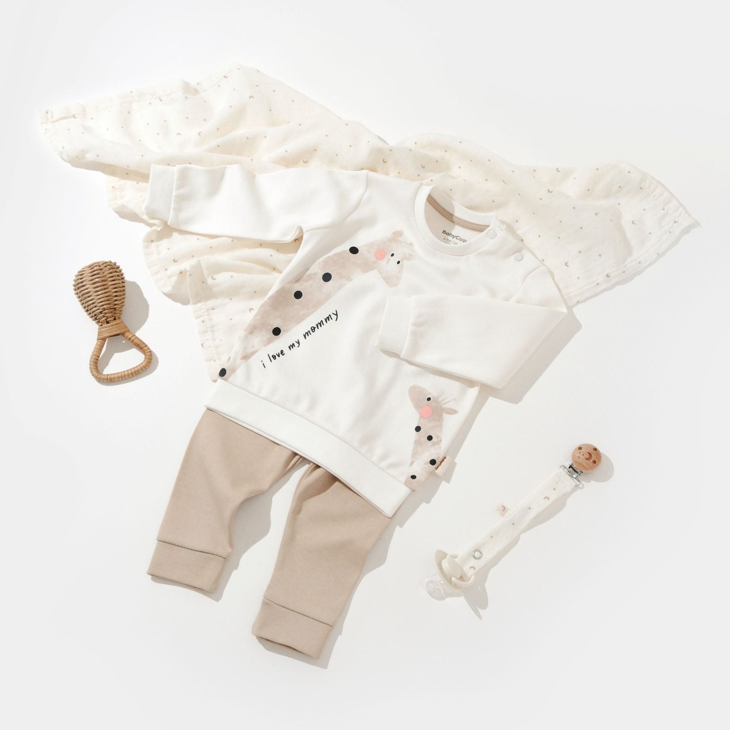 Pant & Long Sleeve Shirt Giraffe Set - Ecru - 100% Organic Cotton - 3-24M