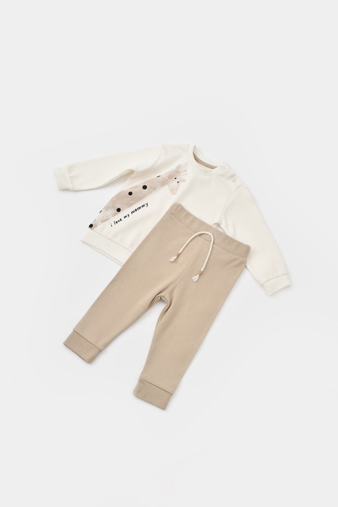 Pant & Long Sleeve Shirt Giraffe Set - Ecru - 100% Organic Cotton - 3-24M