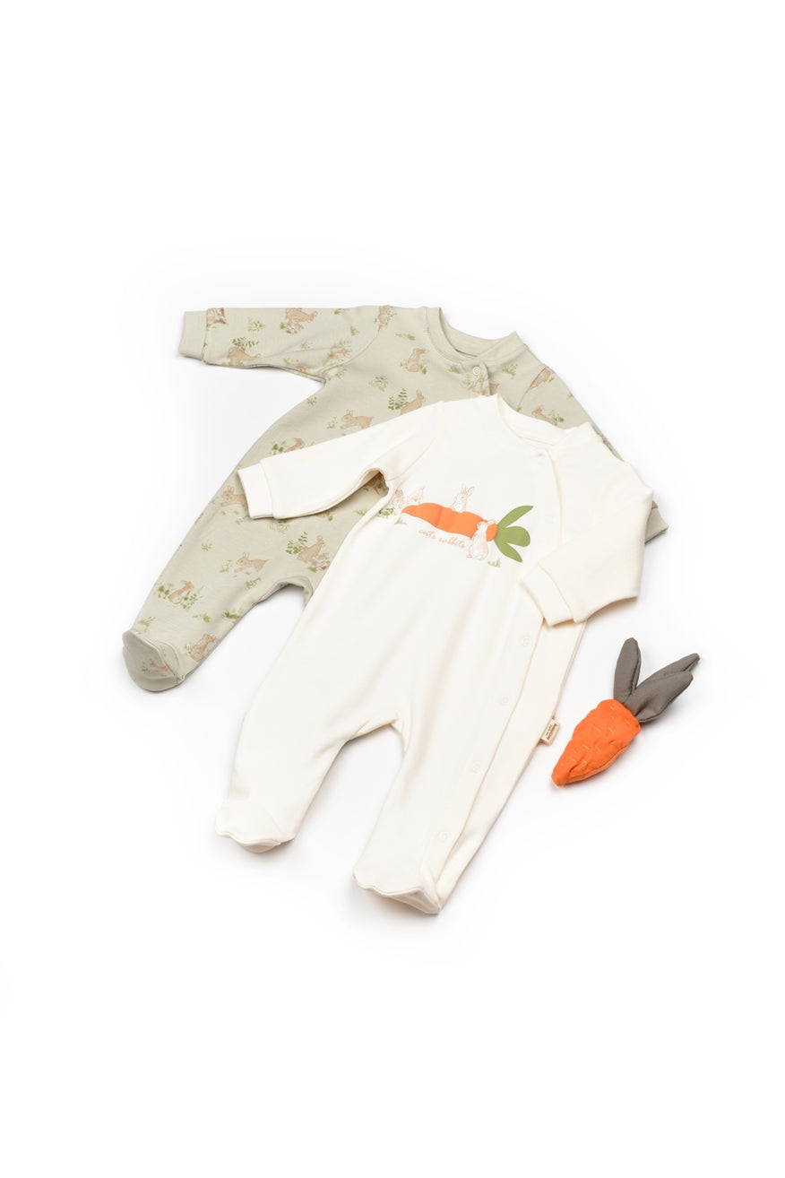2 Pcs Footed Rompers - Ecru / Soft Green - 100% Organic Cotton