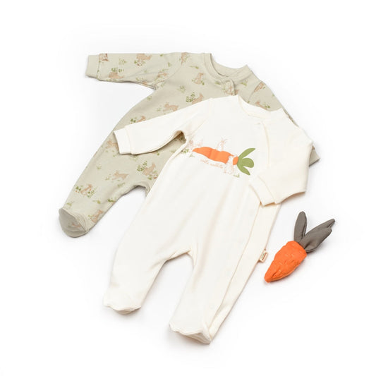 2 Pcs Footed Rompers Bunny - White/Soft Green - 100% Organic Cotton - 0-9M
