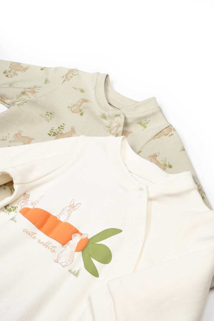 2 Pcs Footed Rompers - Ecru / Soft Green - 100% Organic Cotton