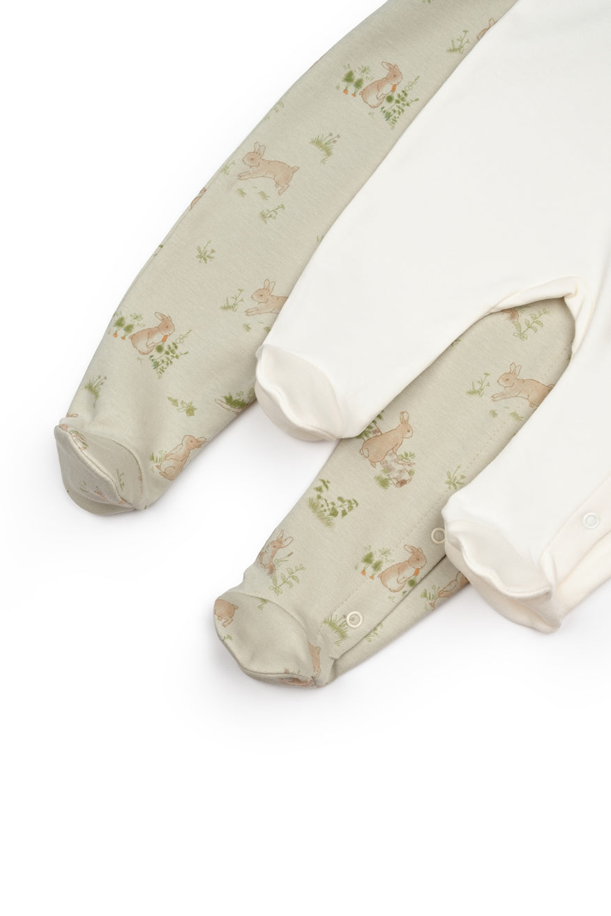 2 Pcs Footed Rompers - Ecru / Soft Green - 100% Organic Cotton