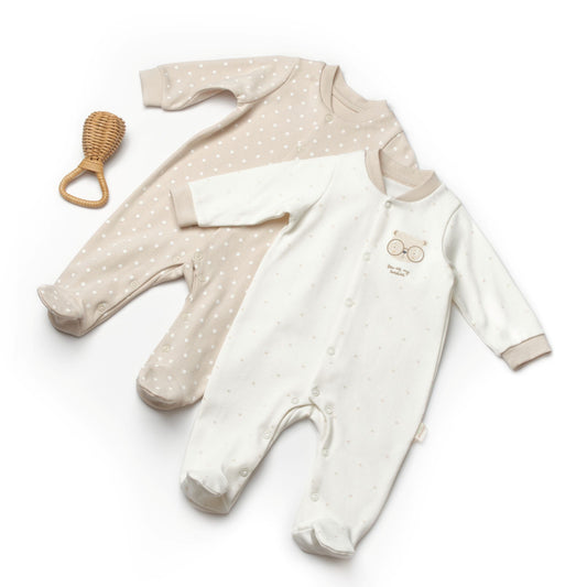 2 Pcs Footed Rompers Bear - 100% Organic Cotton - 0-9M