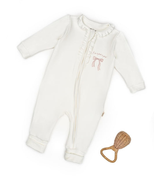 Zippered Romper Ribbon -White- 100% Organic Cotton - 3-24M