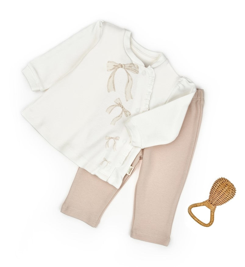 Sweatshirt & Pants Ribbon Set - Ecru-Stone - 100% Organic Cotton - 3-24M