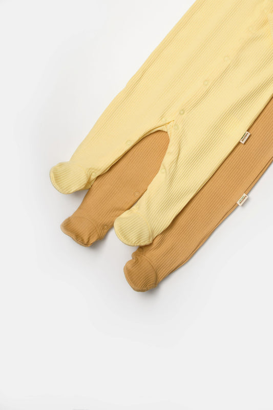 2 PCS Footed Rompers - Yellow/Brown - 0-9M