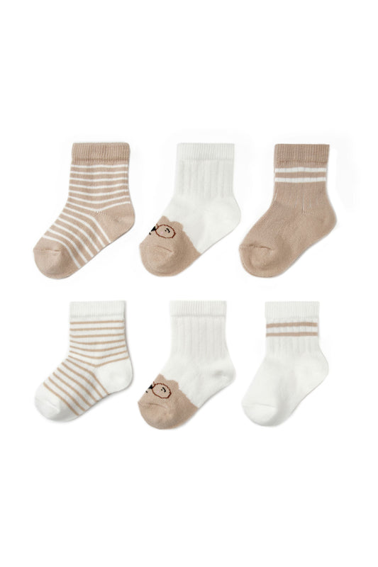 6 Pairs Bear Socks - Ecru/Stone - 0-18M