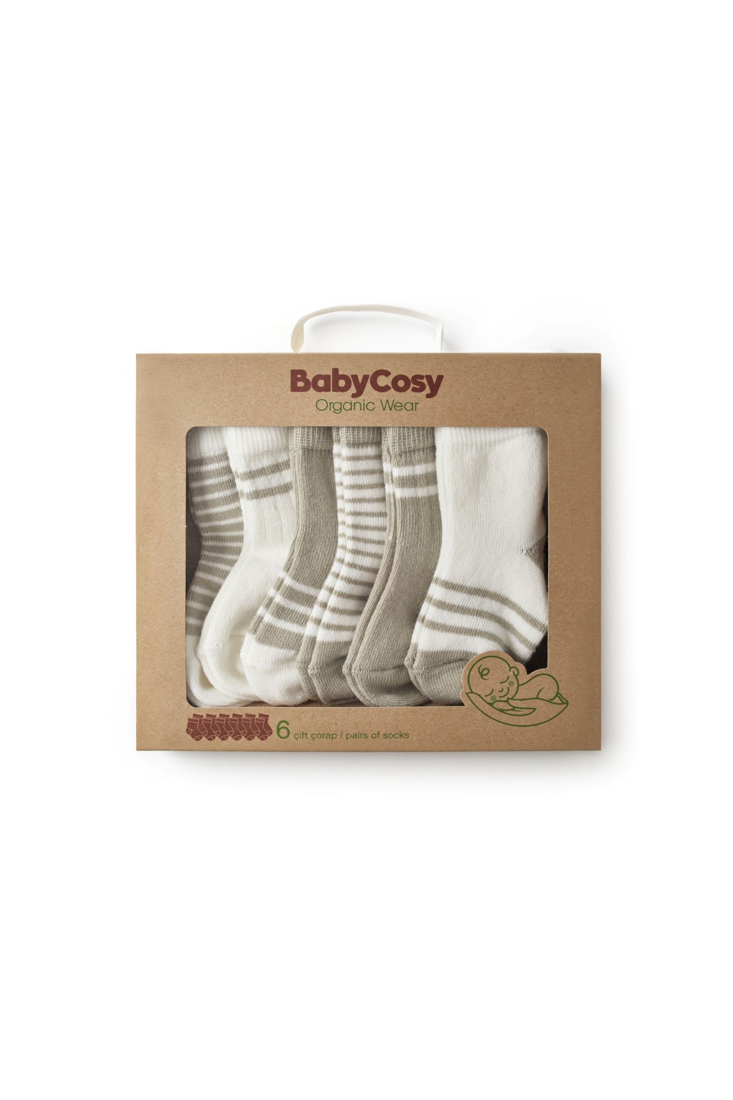 6 Pairs Basic Socks - Ecru / Green