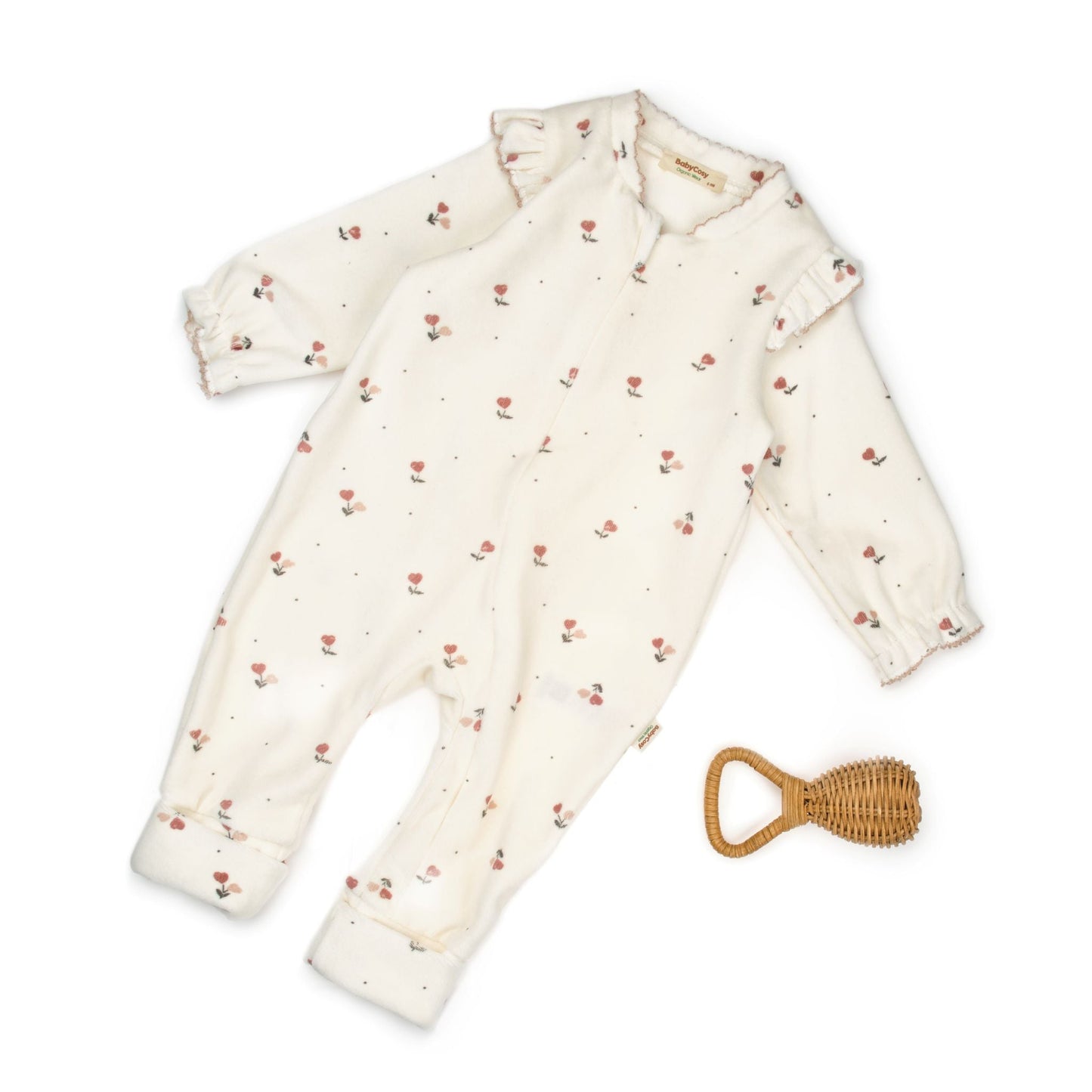 Zippered Romper - Floral white 100% Organic Cotton Velvet - 3-24M