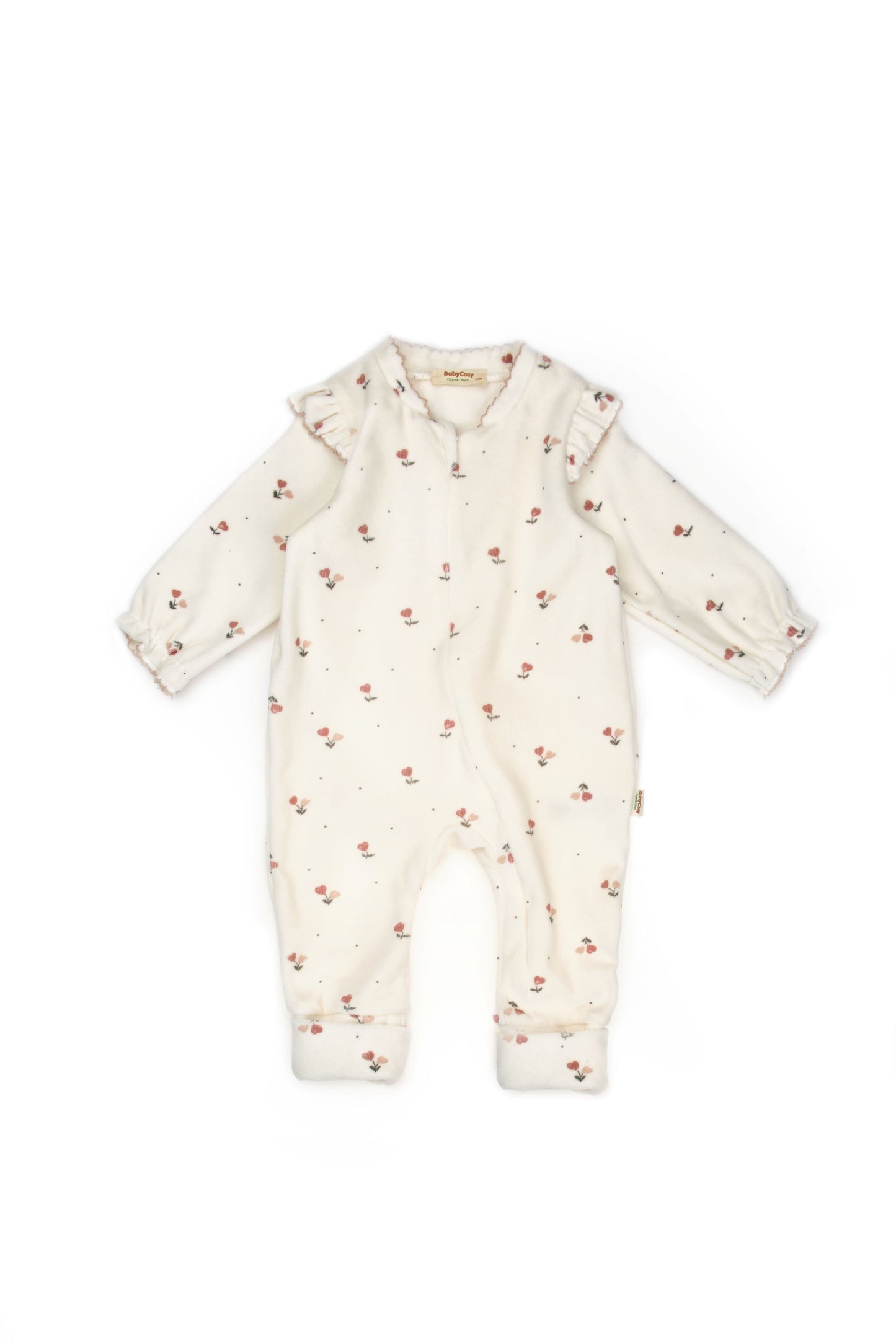 Zippered Romper - Floral white 100% Organic Cotton Velvet - 3-24M