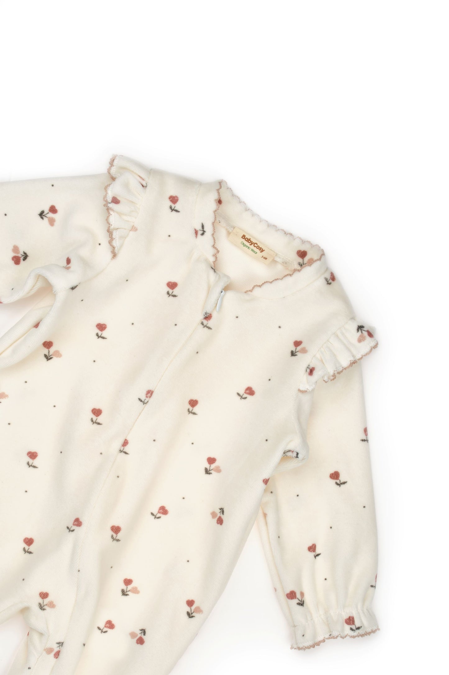 Zippered Romper - Floral white 100% Organic Cotton Velvet - 3-24M