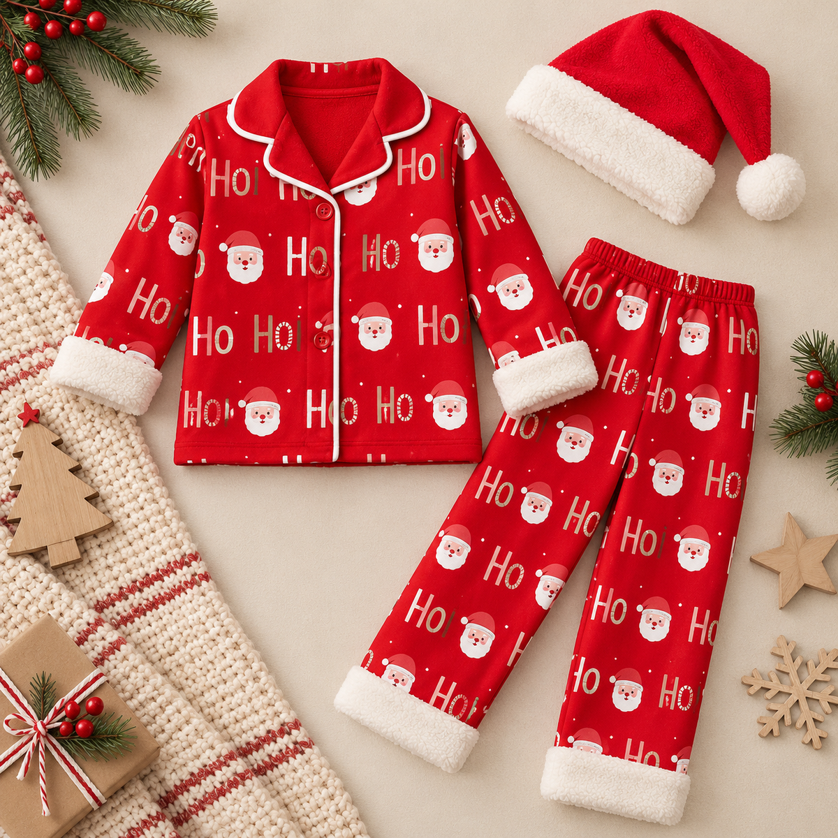 Ho Ho Ho Cozy Pyjamas with Santa's Hat - 6M-2Y