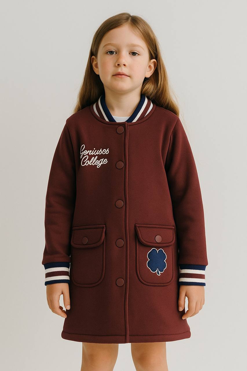 Varsity Girl's Fleeced Coat (100% Cotton) - Burgundy/Pink - 3-9Y