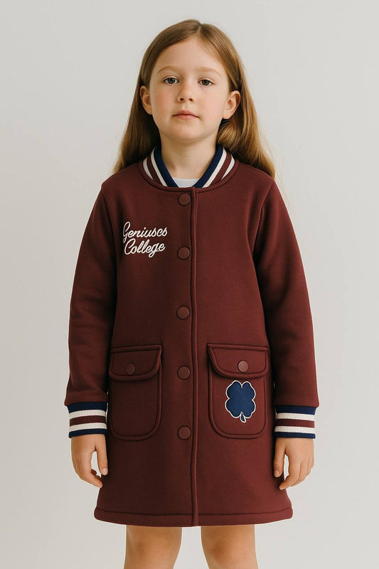 Varsity Girl's Fleeced Dress/ coat(100% Cotton) - Burgundy/Pink - 3-9Y