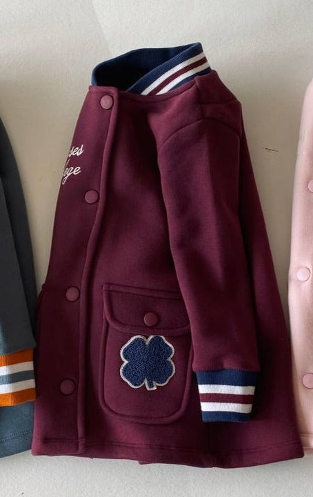 Varsity Girl's Fleeced Coat (100% Cotton) - Burgundy/Pink - 3-9Y