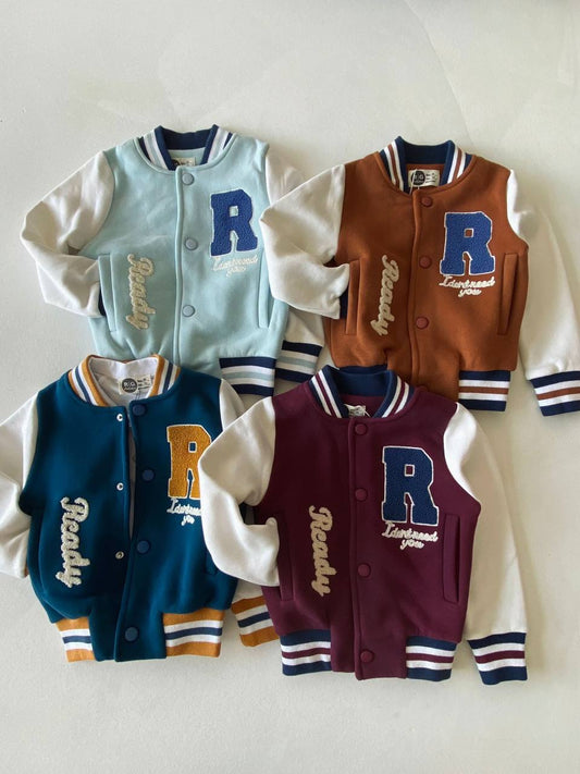 Varsity Boy's Fleeced Jacket (100% Cotton) - Burgundy/Baby Blue - 3-9Y