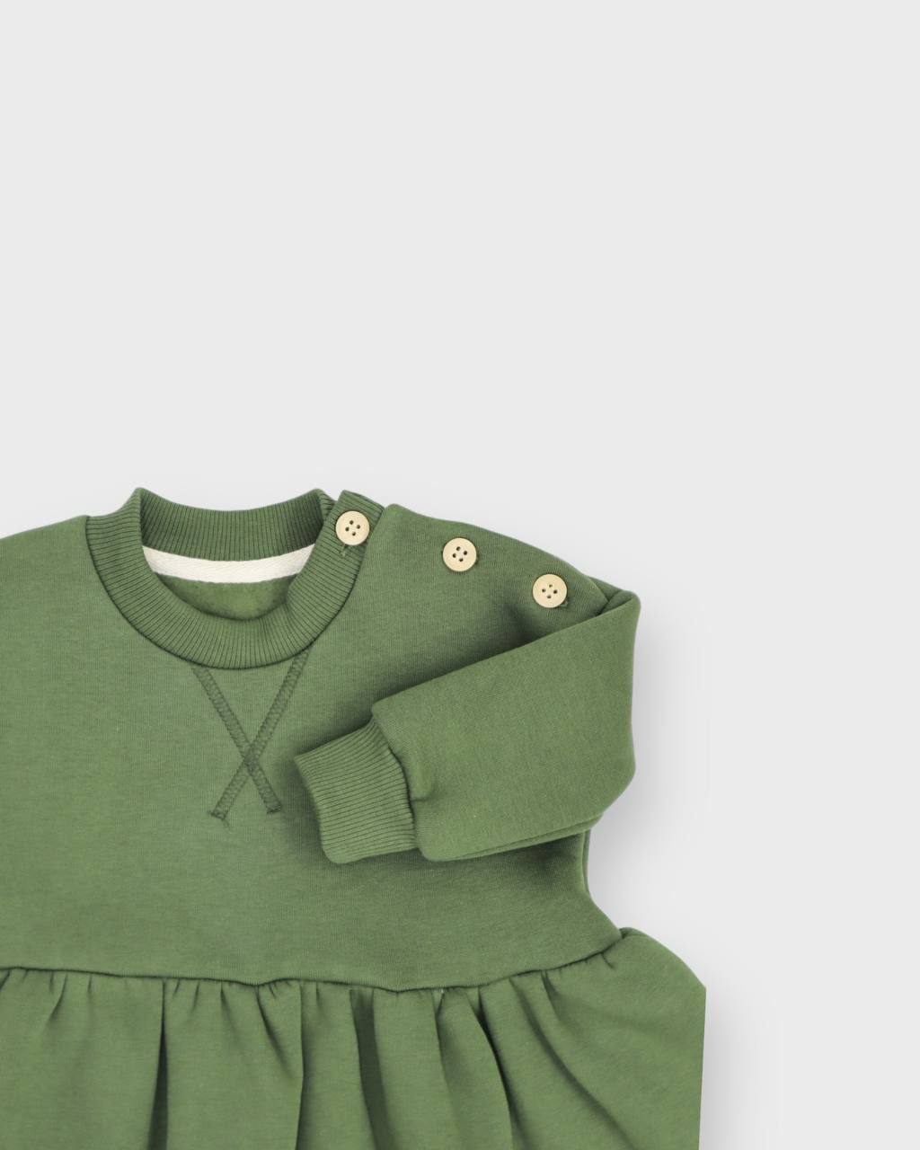Fleeced Dress with Headband (100% Cotton) - Beige/Olive Green - 6M-4Y