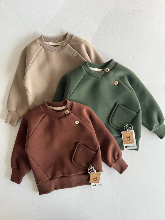 Fleeced Sweater with Side Pocket (100% Cotton) - Beige/Brown/Olive Green - 6M-4Y
