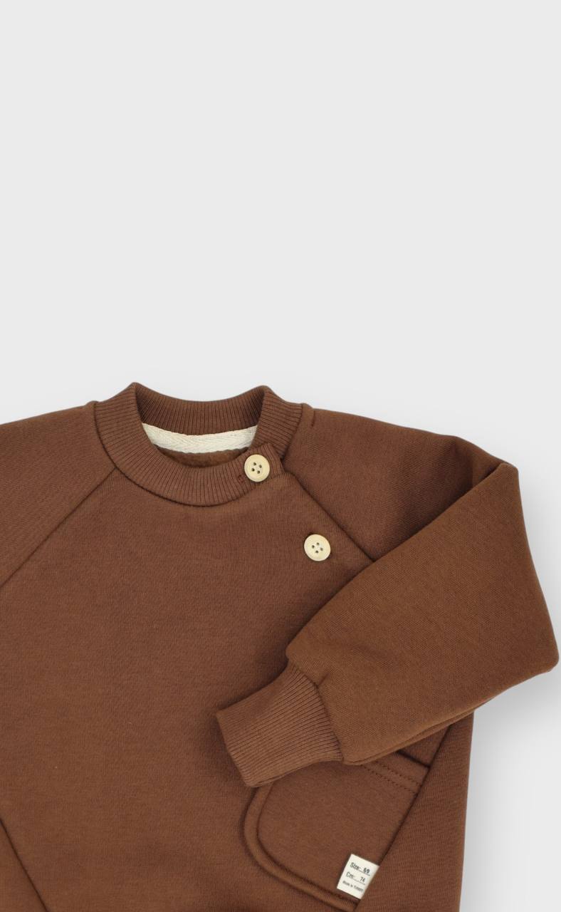 Fleeced Sweater with Side Pocket (100% Cotton) - Beige/Brown/Olive Green - 6M-4Y