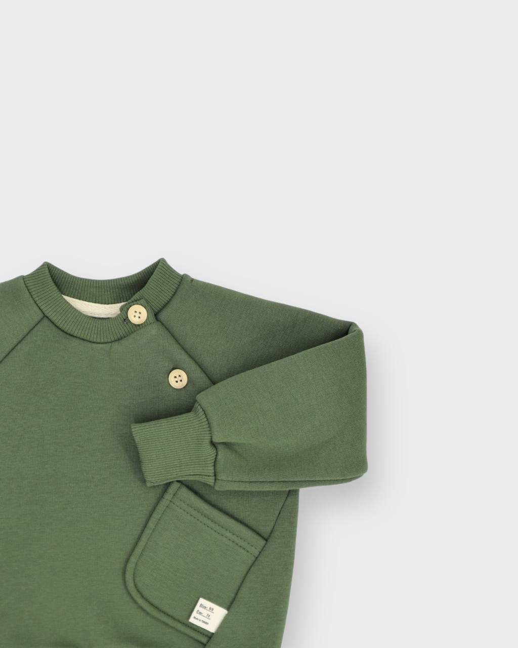 Fleeced Sweater with Side Pocket (100% Cotton) - Beige/Brown/Olive Green - 6M-4Y