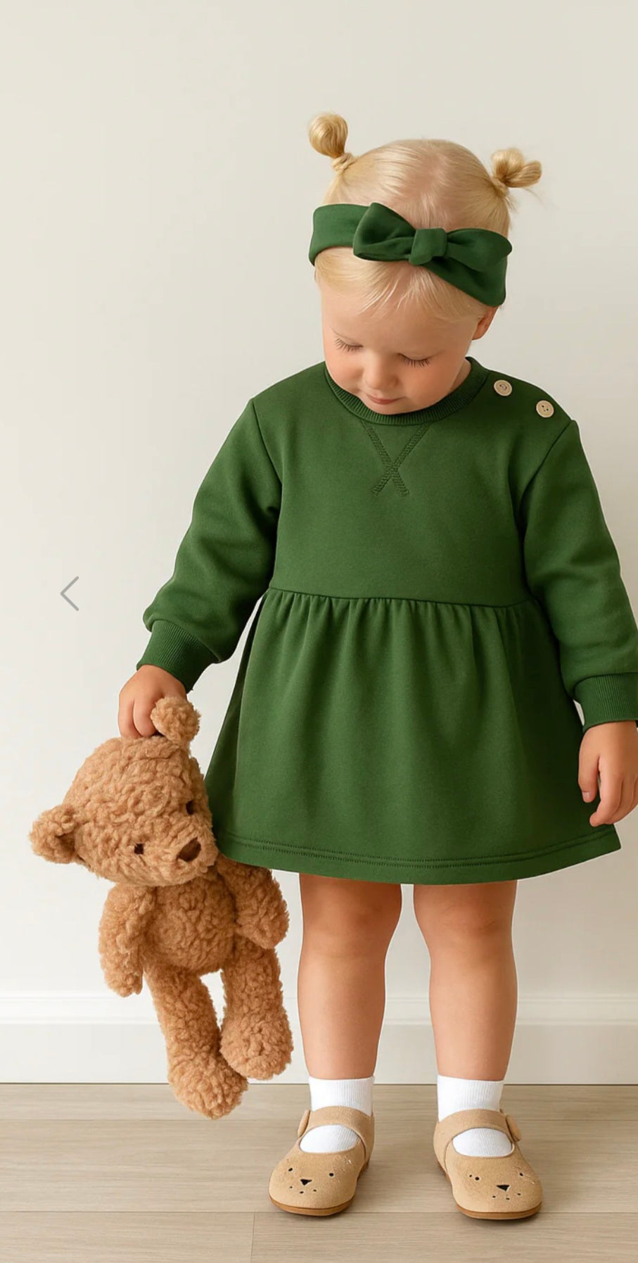 Fleeced Dress with Headband (100% Cotton) - Beige/Olive Green - 6M-4Y