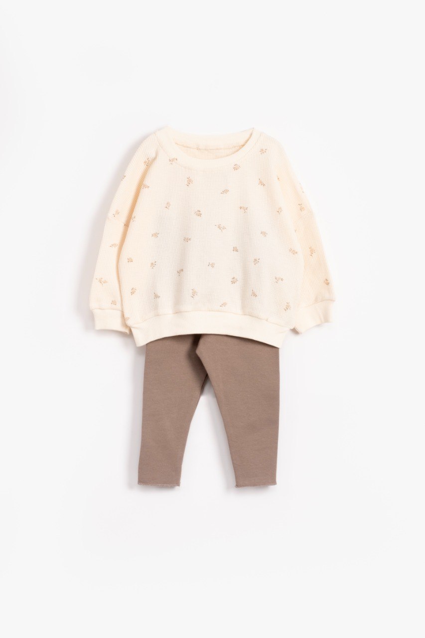 Floral Waffle Sweater with Fleeced Legging - Green/Brown/Yellow/Orange/Light Brown - 9M-4Y