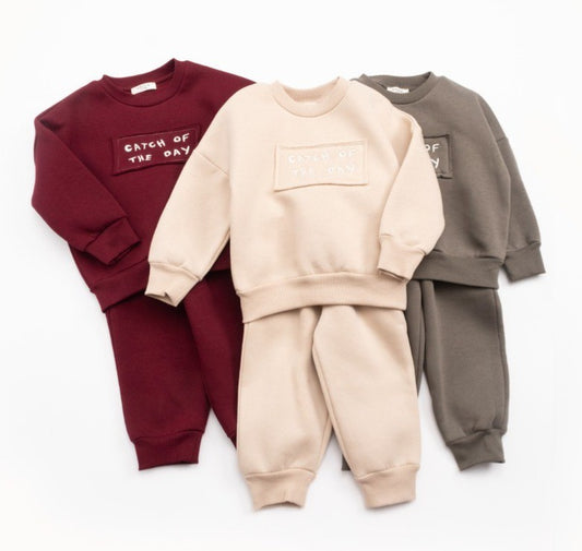 Catch of the Day Fleeced Set - Beige/Burgundy/Olive Green - 1-6Y