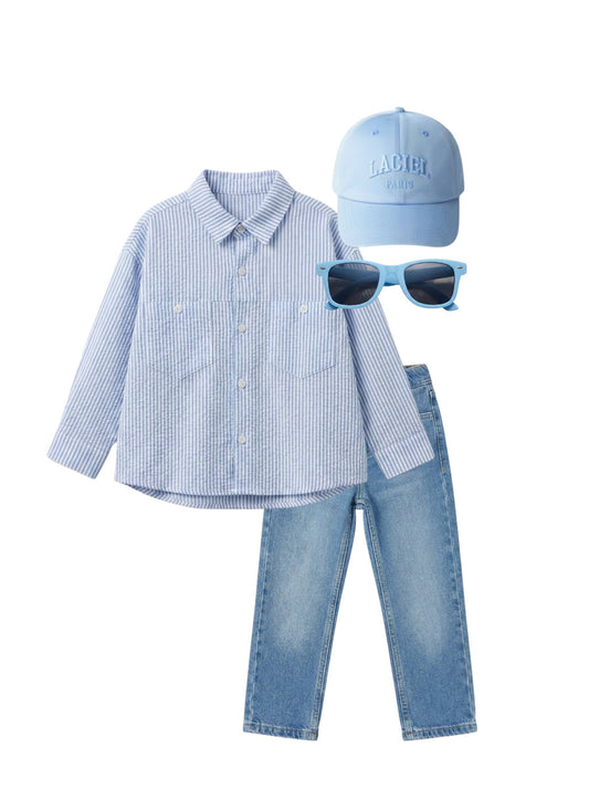 Blue Linen Shirt with White Stripes - 2-7Y
