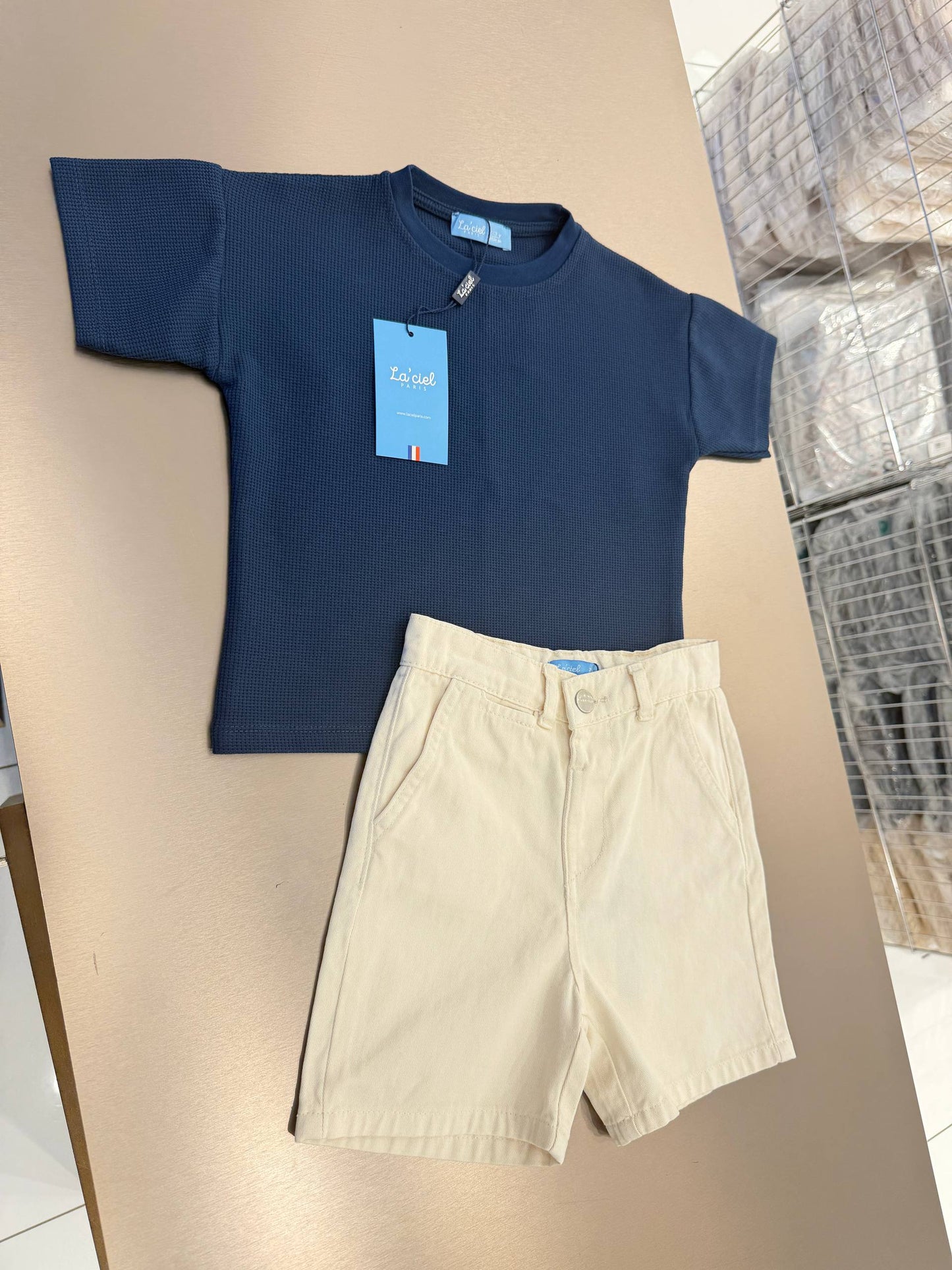 Waffle Tshirt & Beige Shorts Set - 2-7Y