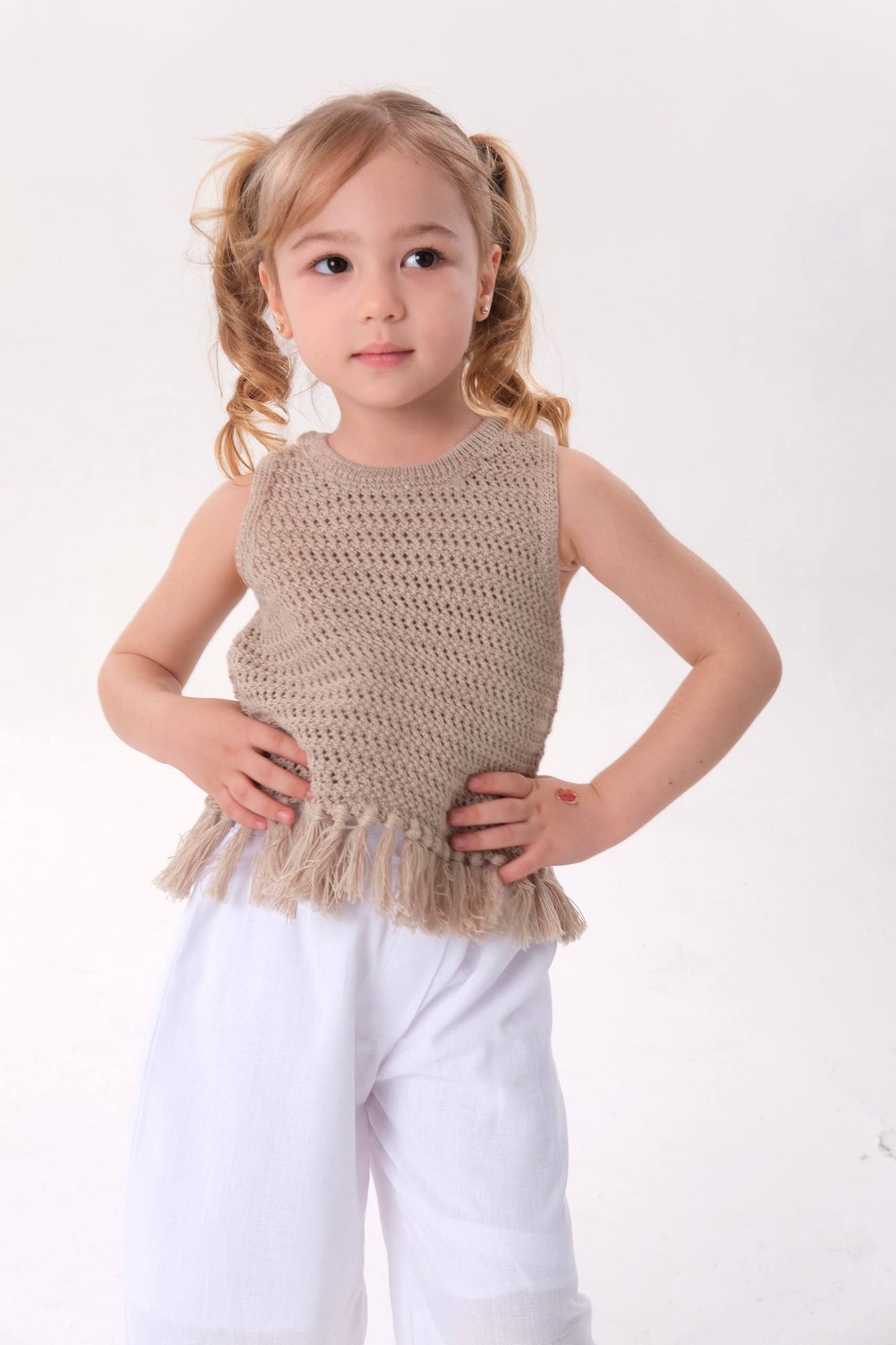 White Muslin Pants & Crochet Top Set - 2-8Y