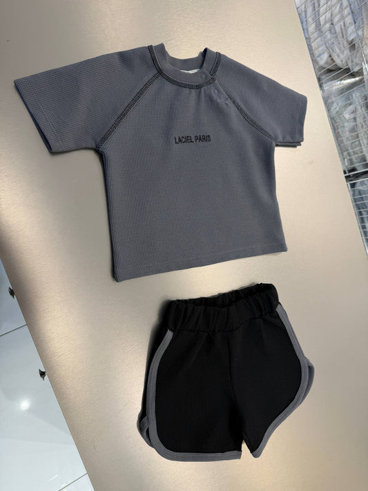 WAFFLE GREY Shorts & Tshirt Set - 6M-3Y