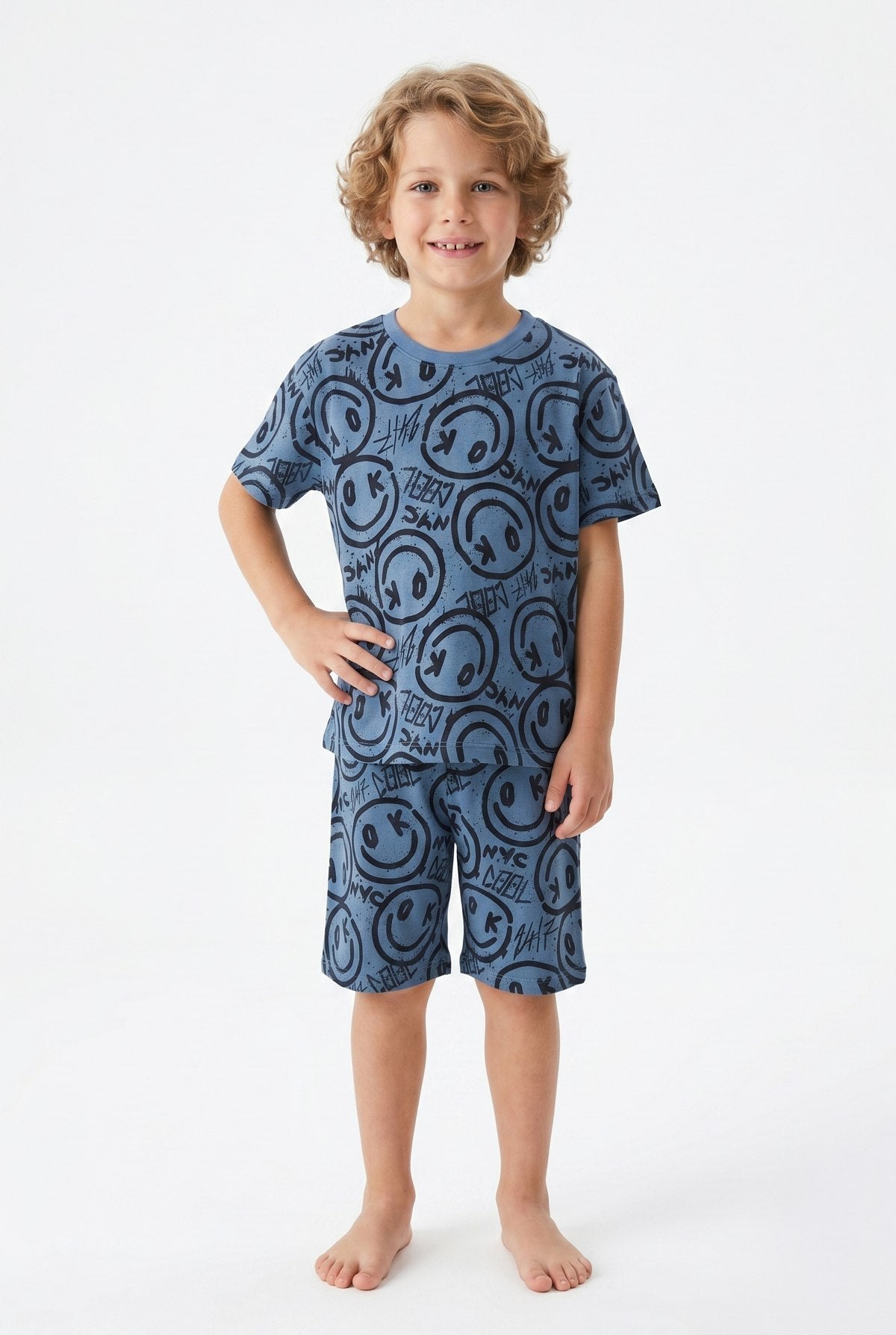 Smile :) Bluish Shorts & Tshirt Pyjamas - 3-8Y