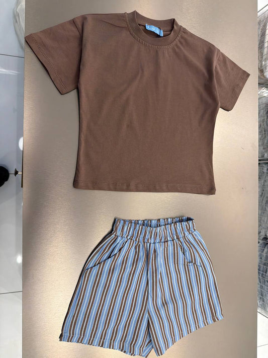 Striped Shorts & Brown Tshirt - 2-7Y