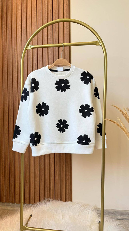 White Sweater with Black Floral Prints - 5-14Y