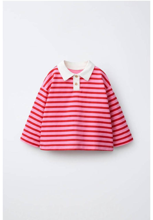 Polo Cut Striped Pink Sweater - 2-7Y