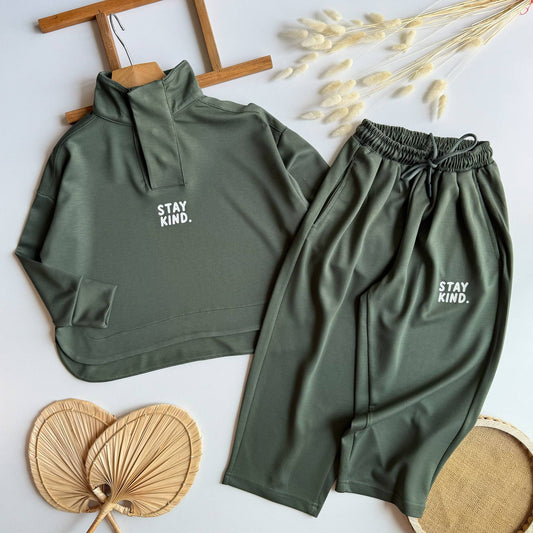 Stay Kind High Collar Olive Green Set - 3-10Y