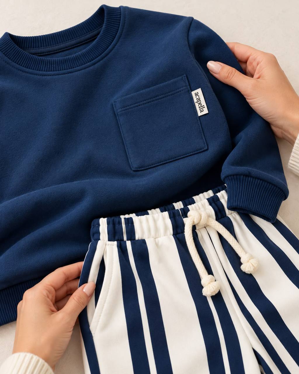Sweater with Pocket & Striped Pants Set - Navy - 3-10Y
