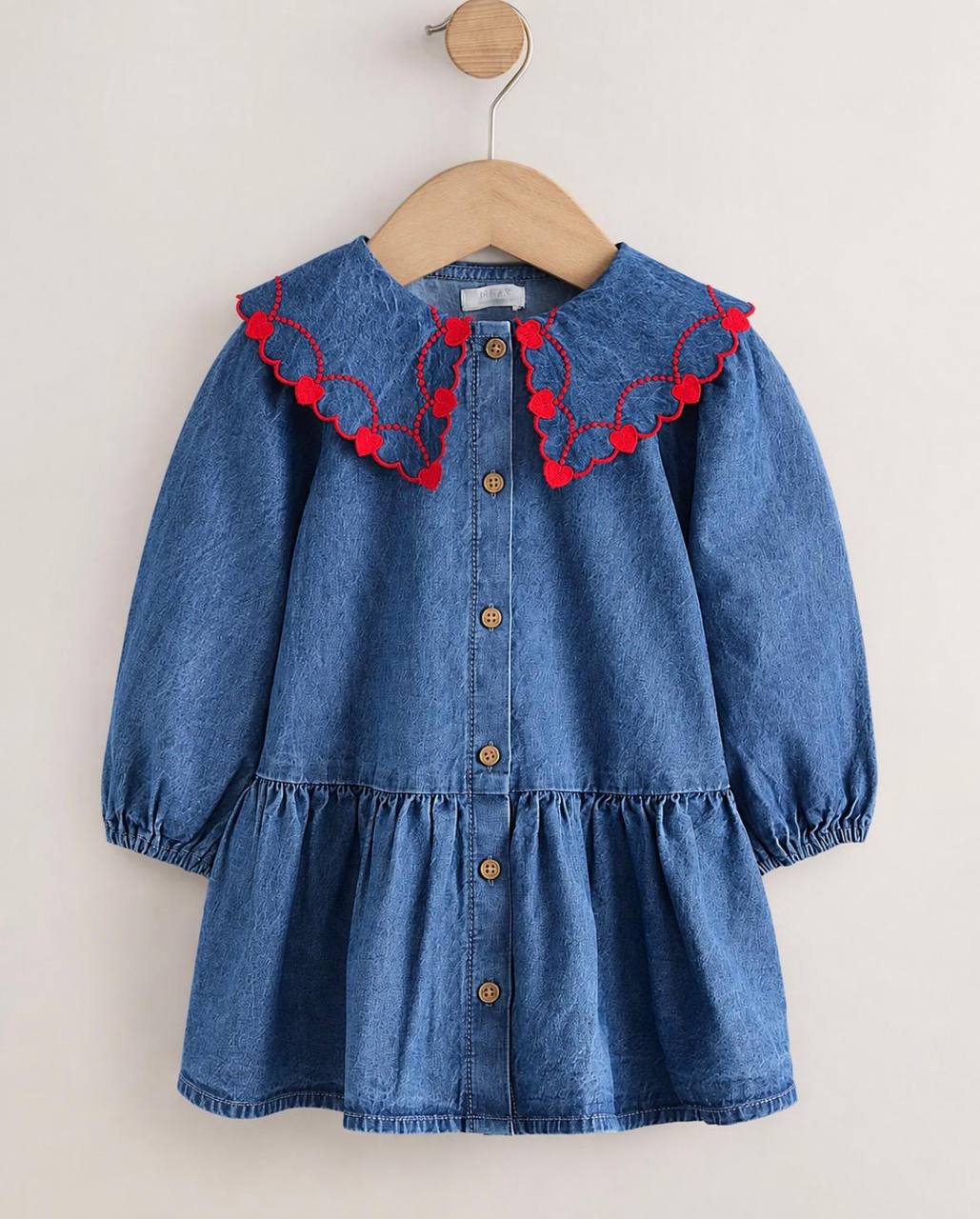 Denim Dress with Red Heart Collar - 2-8Y