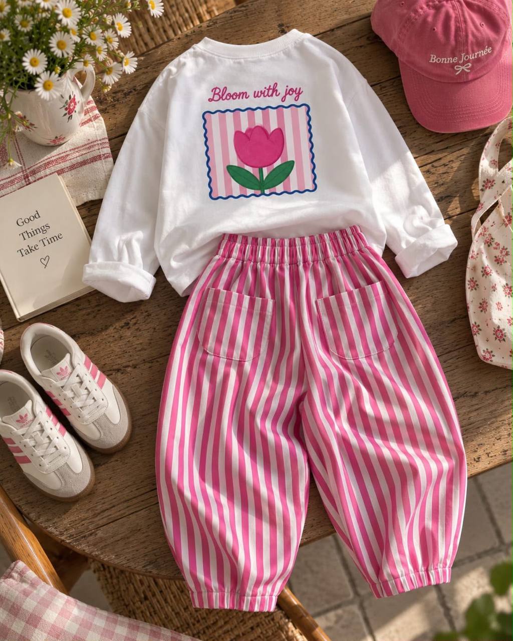 Flowers Striped Pink Set - 2-8Y