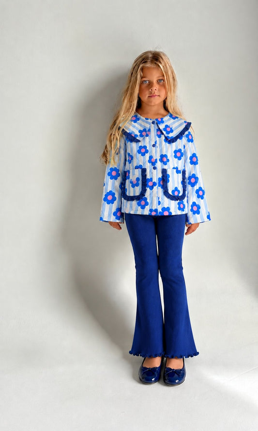 Floral Quilted Jacket & Flare Legging Set - Blue - 3-10Y