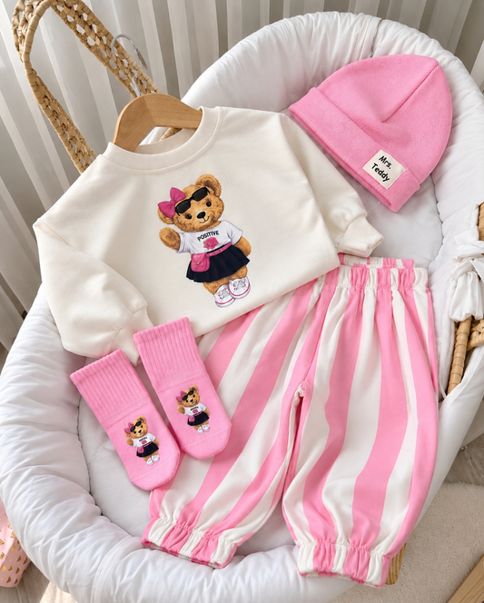 Teddy Bear Striped Baby Set (4 pcs) - Pink/Fushia - 6M-3Y