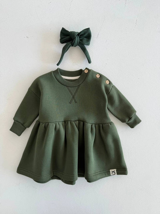 Fleeced Dress with Headband (100% Cotton) - Beige/Olive Green - 6M-4Y