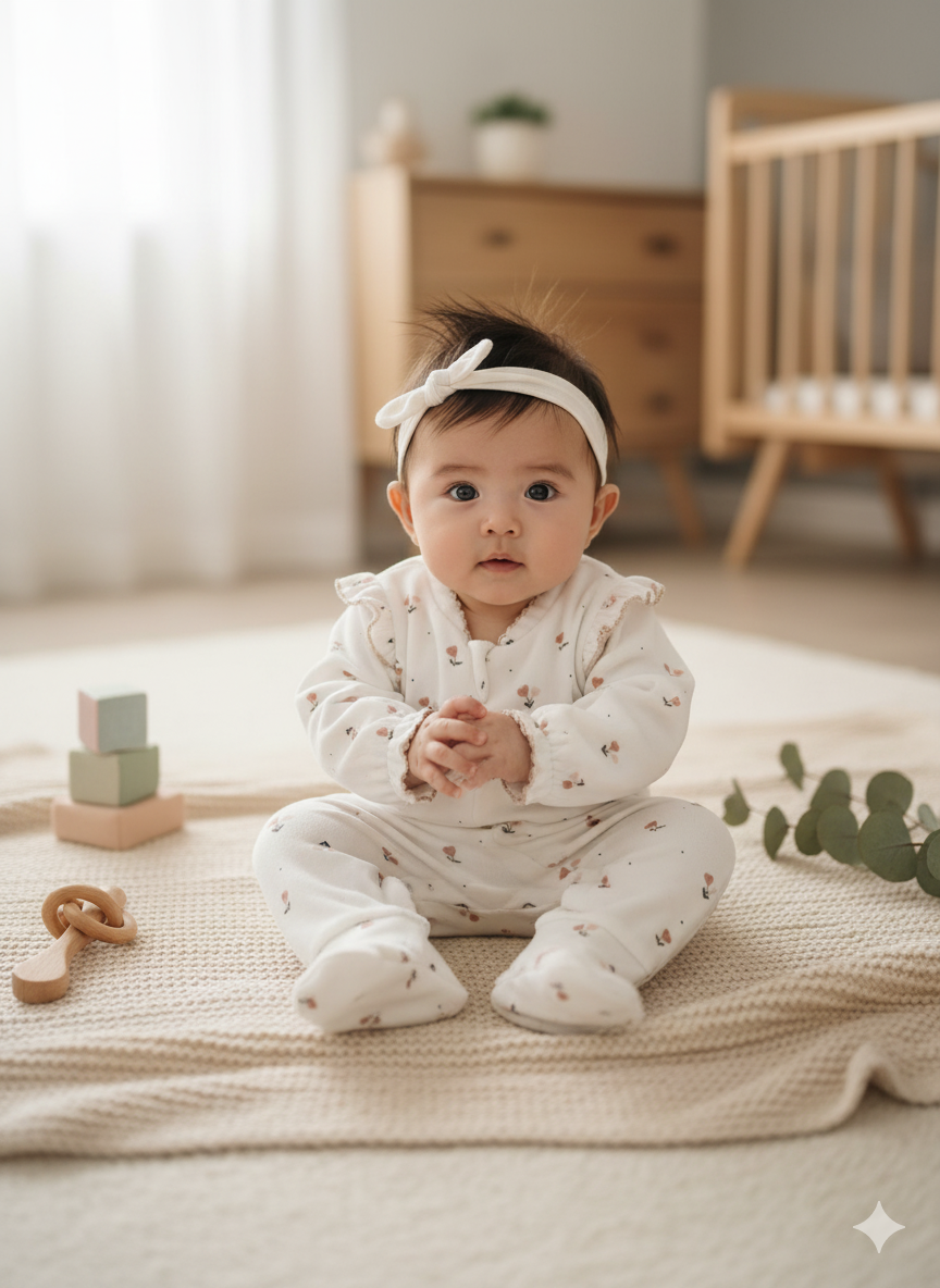 Zippered Romper - Floral white 100% Organic Cotton Velvet - 3-24M