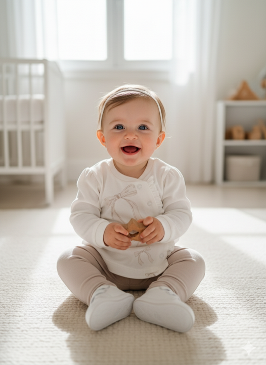 Sweatshirt & Pants Ribbon Set - Ecru-Stone - 100% Organic Cotton - 3-24M