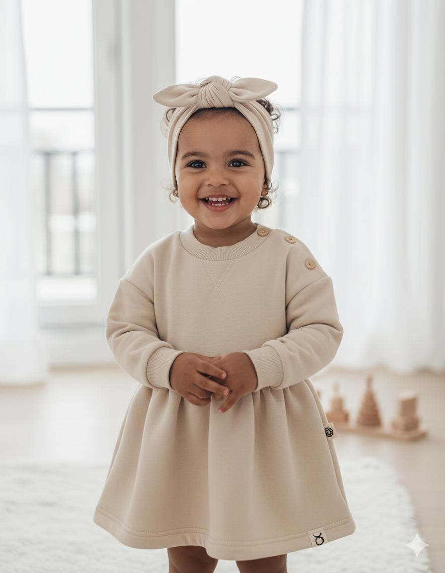 Fleeced Dress with Headband (100% Cotton) - Beige/Olive Green - 6M-4Y