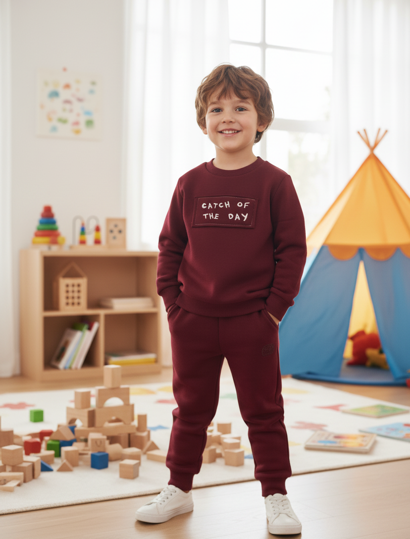 Catch of the Day Fleeced Set - Beige/Burgundy/Olive Green - 1-6Y